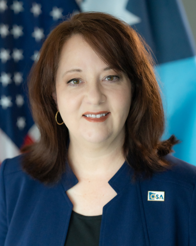 Official headshot of State Auditor Julie Blaha with American and Minnesota flag in background